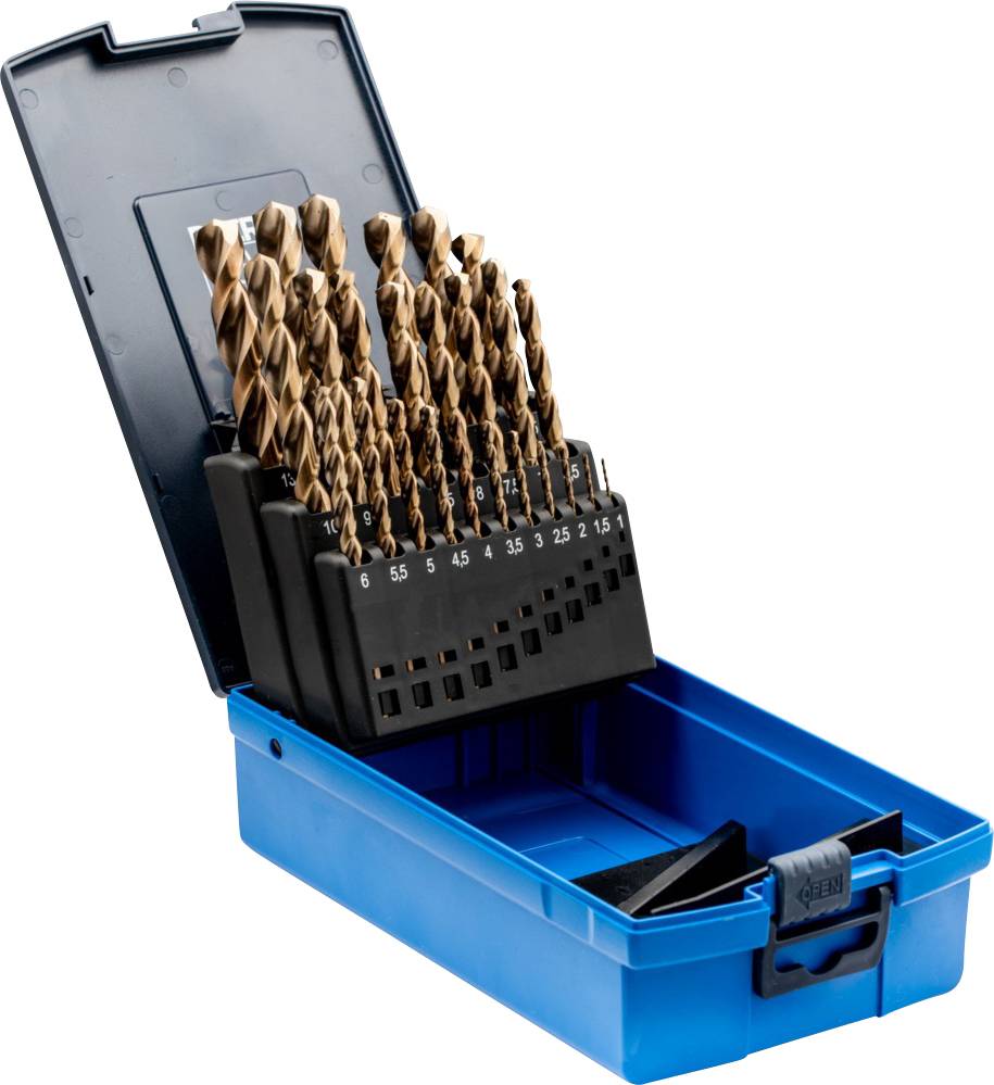 Une boîte à outils bleue avec différents forets métalliques de tailles croissantes de 1 à 10 mm est représentée ouverte.