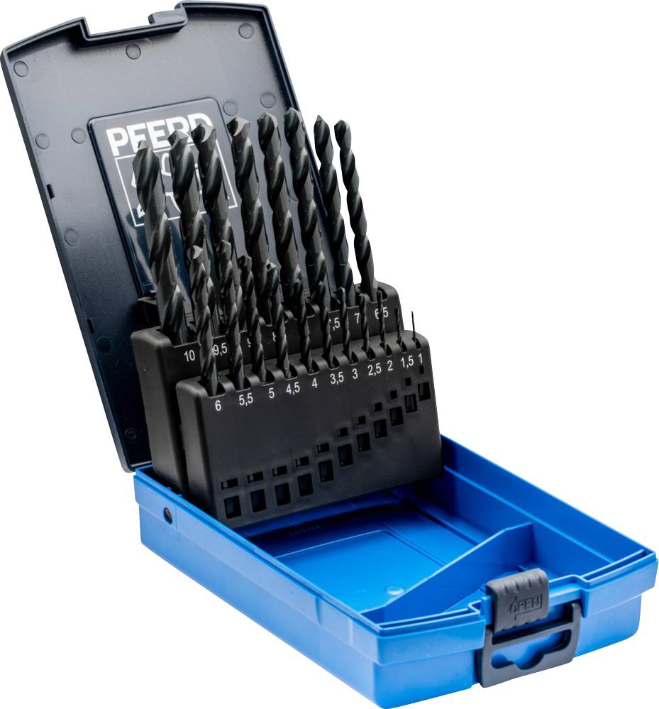 Une boîte bleue contenant un assortiment de forets de remplacement, alignés par tailles de 1 à 10, avec le couvercle ouvert, la marque PFERD bien visible.