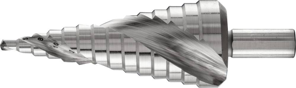 Foret étagé en métal avec une spirale de coupe pour percer des trous de différents diamètres dans des matériaux fins.