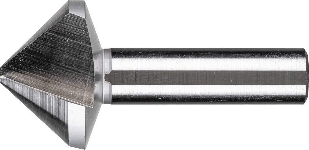 Un chanfreineur conique métallique à tige cylindrique, utilisé pour réaliser des évacuations dans des pièces pour vis ou boulons.