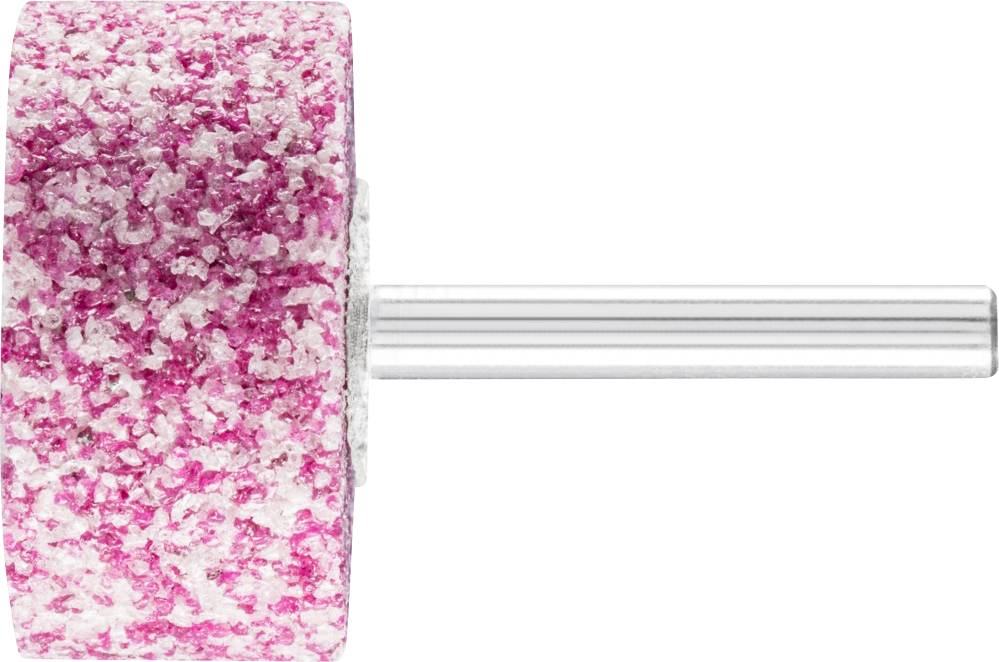 Embout de meulage en matériau rose et blanc, de forme cylindrique, avec tige argentée, utilisé pour des travaux de mécanique de précision.