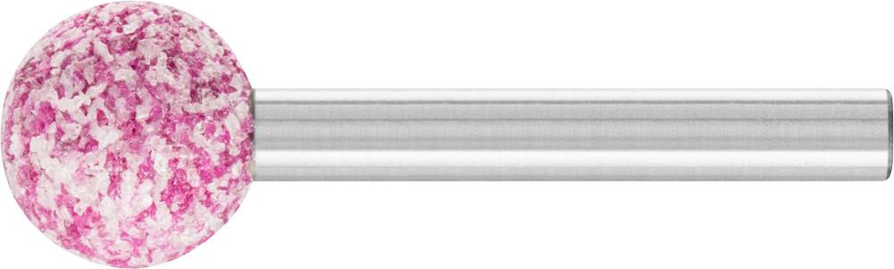Un outil de meulage sphérique à surface rose et blanche et à manche argenté, adapté pour une finition fine précise.