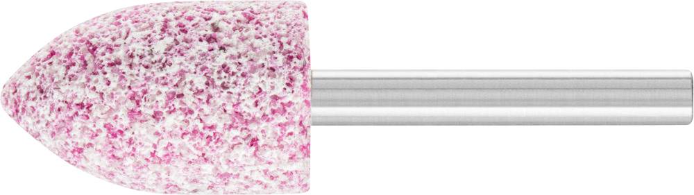 Un disque abrasif rouge et blanc avec une poignée métallique cylindrique ; utilisé pour le traitement et le polissage des surfaces.