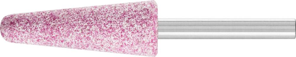 Une meule conique rose avec un manche métallique, utilisée pour meuler ou polir sur des outils rotatifs.