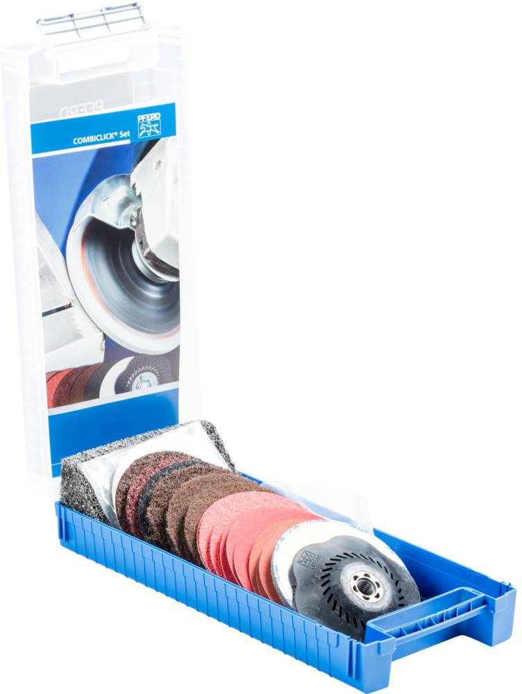 PFERD 49350071 SET CombiClick 19 pièces Ø 115 mm M14 usinages grossièrement jusqu'à poli pour meuleuse d'angle Diamètre 115 mm