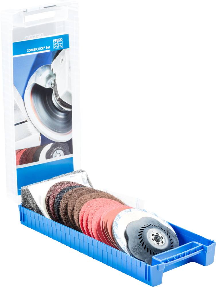 Ensemble de disques abrasifs dans un coffret en plastique bleu. Comprend des disques de ponçage de différentes granulométries, adaptés aux traitements de surface.