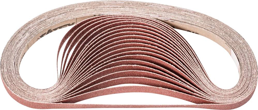 Bande abrasive en forme d'anneau, rouge, empilée ; utilisée pour les travaux de ponçage sur surfaces en bois ou en métal.