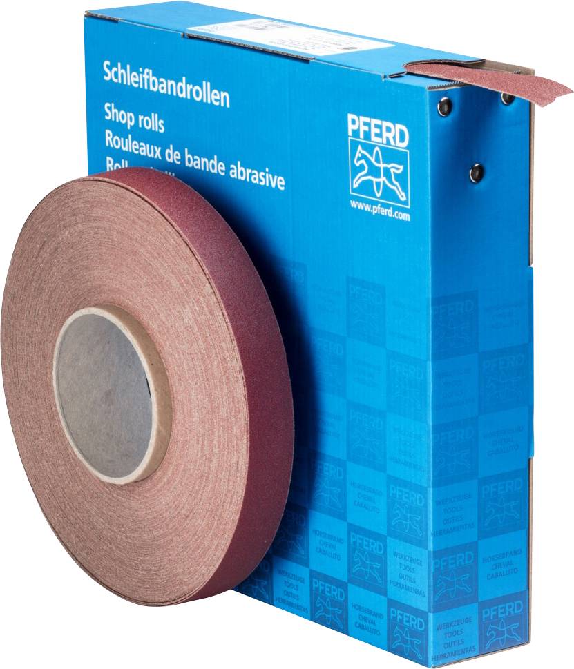 Un rouleau de bande abrasive devant un emballage bleu portant l'inscription 'Rouleaux de bandes abrasives'.