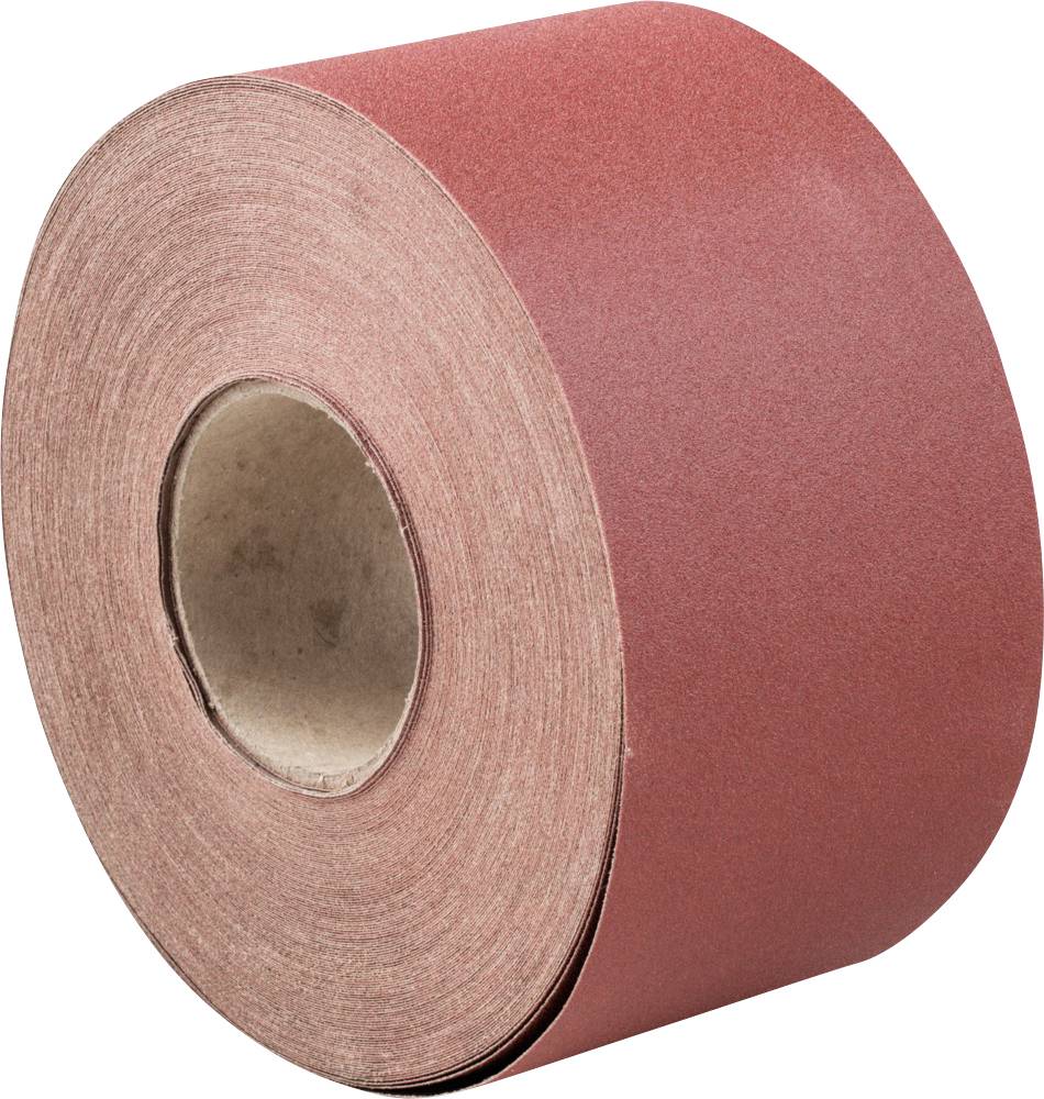 Rouleau de papier de verre rouge, posé sur le côté.