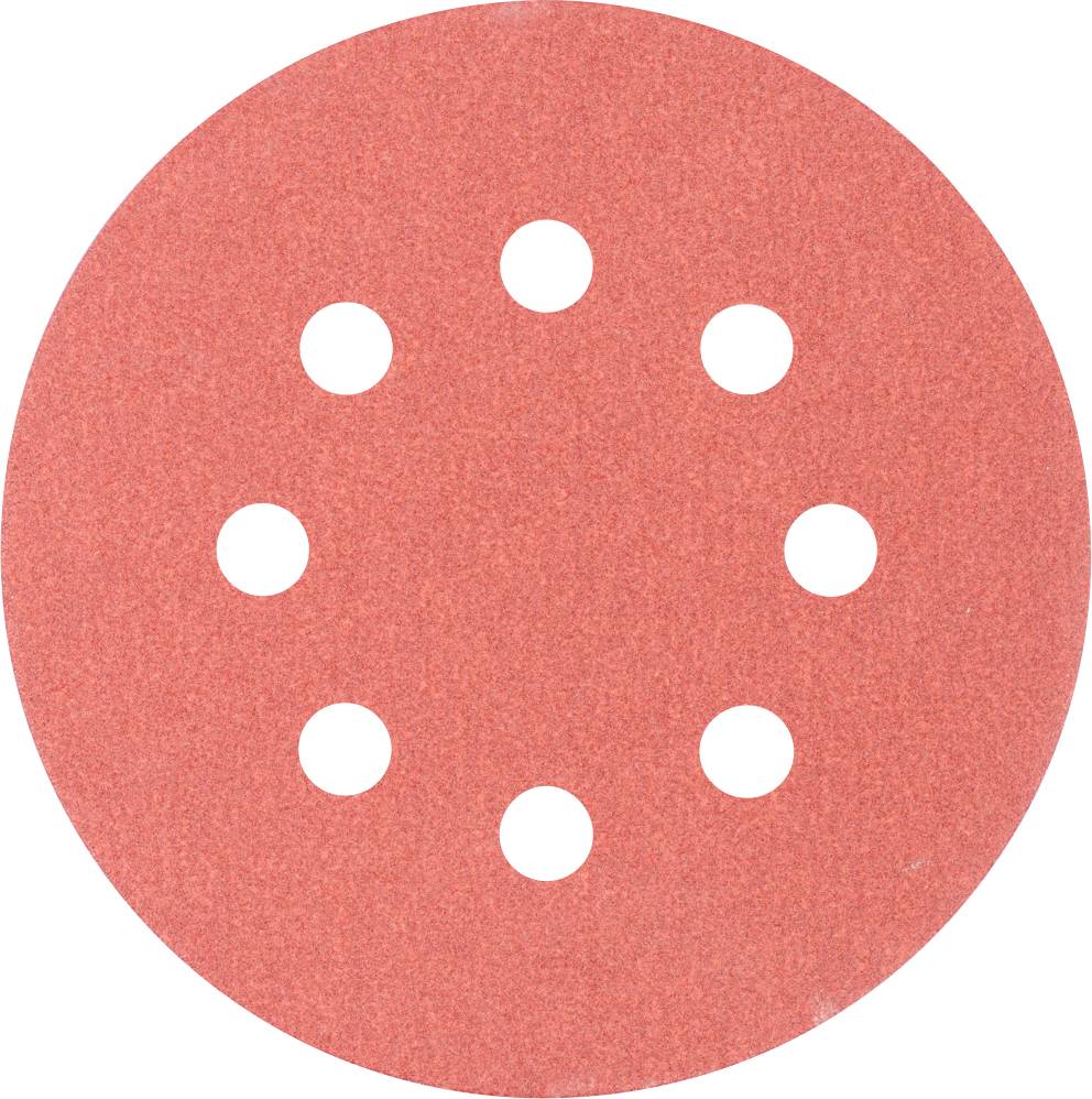 Papier de verre rouge au format rond avec neuf trous répartis uniformément. Adapté pour les ponceuses et les travaux manuels.