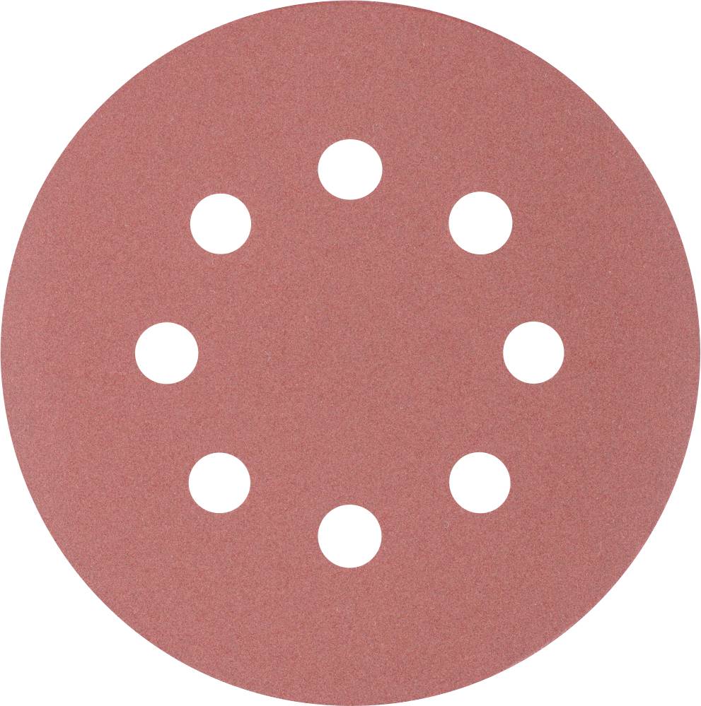 Un papier de verre rond, rouge, avec neuf trous disposés symétriquement.