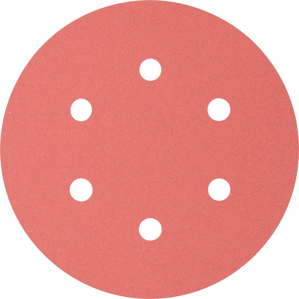 Disque abrasif rond, de couleur rouge, comportant six trous régulièrement répartis, utilisé pour les machines à poncer.