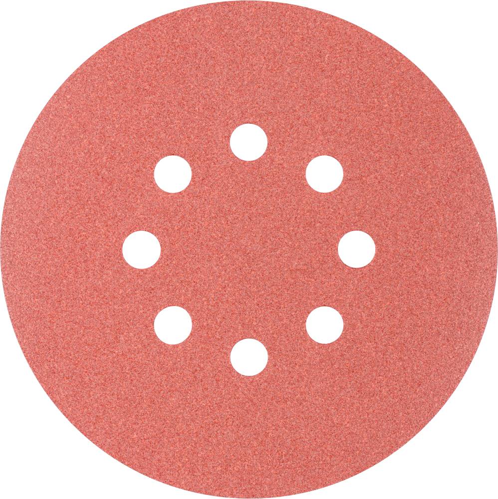 Feuille abrasive ronde rouge avec huit trous symétriquement répartis.