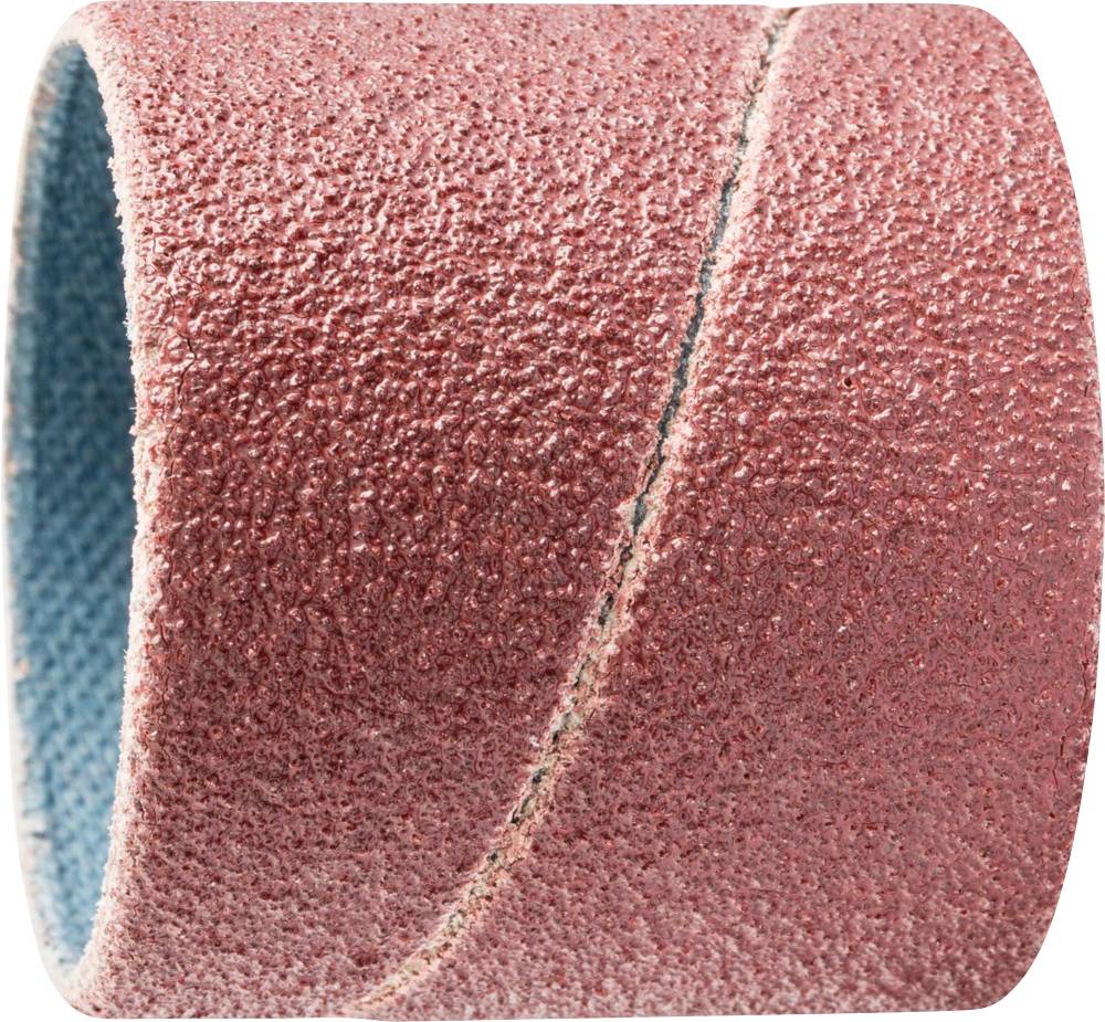 Bande abrasive cylindrique à surface rugueuse rouge, utilisée pour les traitements de surface.