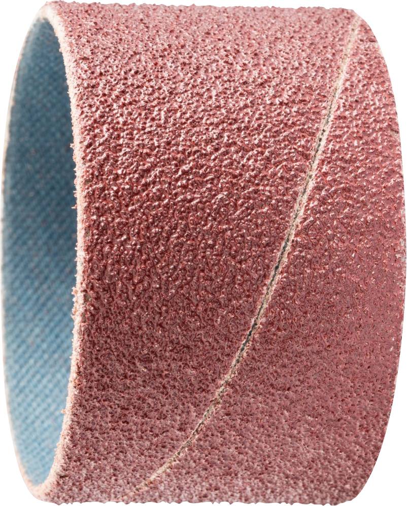 Une bande abrasive cylindrique avec une surface de ponçage rougeâtre et un intérieur bleu, utilisée pour le ponçage de différents matériaux.