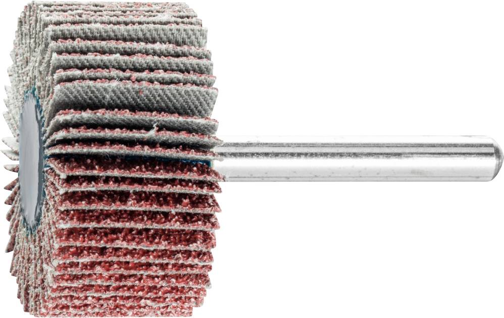 Accessoire de meulage à plusieurs feuilles abrasives de forme circulaire, monté sur une tige métallique.