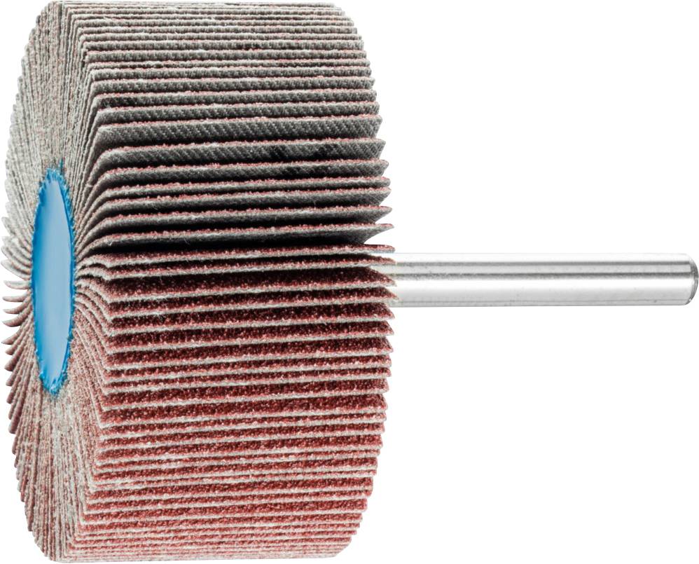 Une meule abrasive brun-rouge avec des lamelles sur une tige métallique, utilisée pour poncer et polir des matériaux.