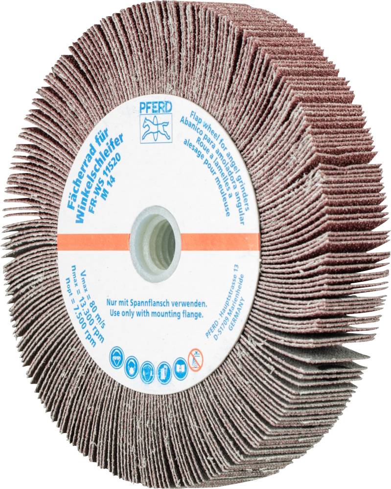 Disque abrasif avec matériau abrasif rouge en forme deventail et marquage bleu. À utiliser uniquement avec bride de serrage.