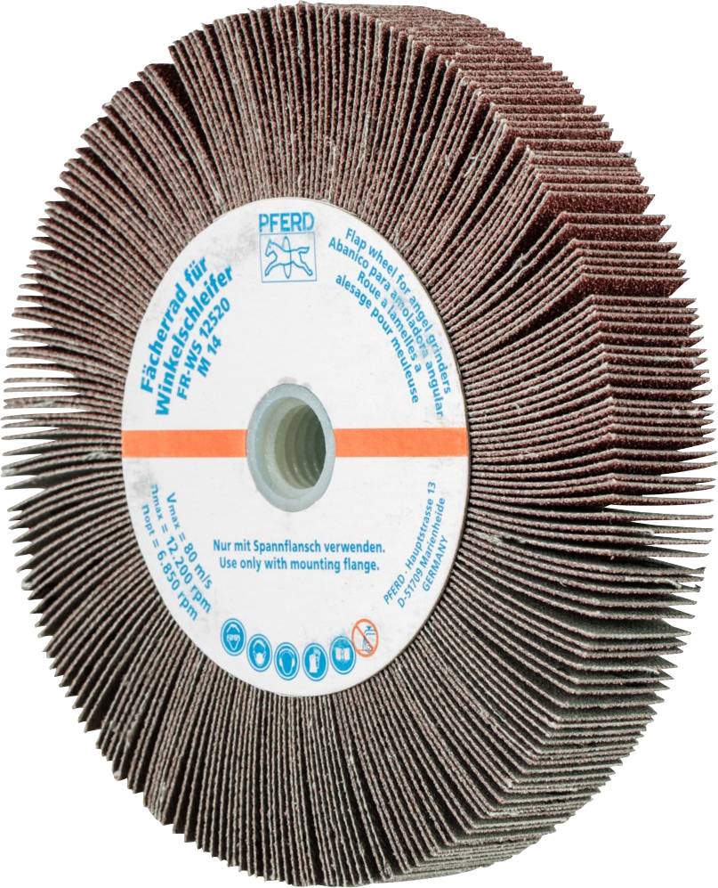 Disque abrasif à lamelles de meulage multiples, disposées en forme d'étoile. Inscription 'Utiliser uniquement avec bride de serrage'.