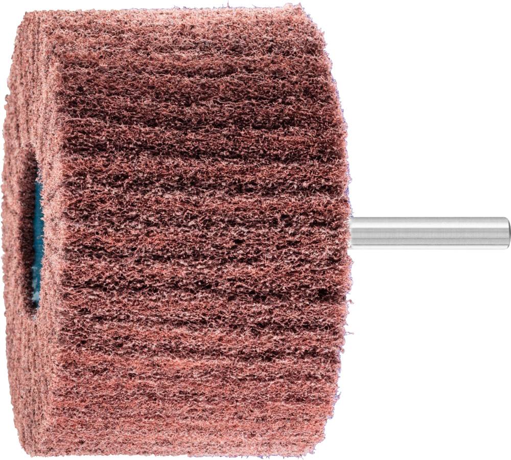 Une roue en non-tissé brun-rouge avec une tige métallique au centre, utilisée pour polir ou poncer des surfaces.