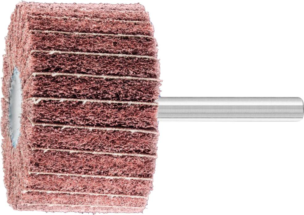 Rouleau de meulage avec broche, abrasif rouge-brun, forme cylindrique, pour le traitement de surface des métaux ou du bois.
