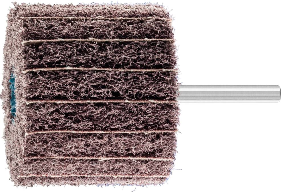 Disque de polissage avec surface abrasive rouge-brun et tige métallique de fixation.