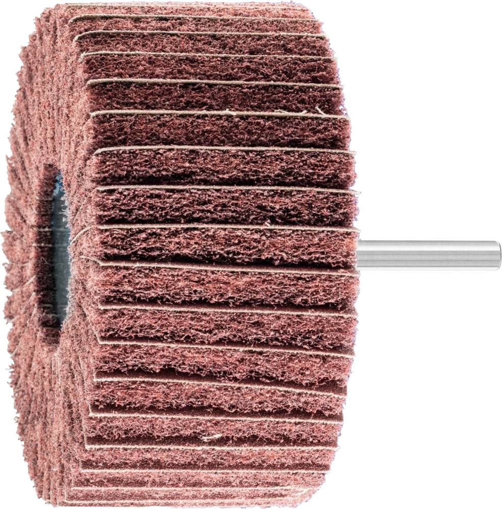 Une meule avec une surface abrasive rouge et un manche en métal pour la fixation, utilisée pour les travaux de meulage dans les ateliers et l'industrie.