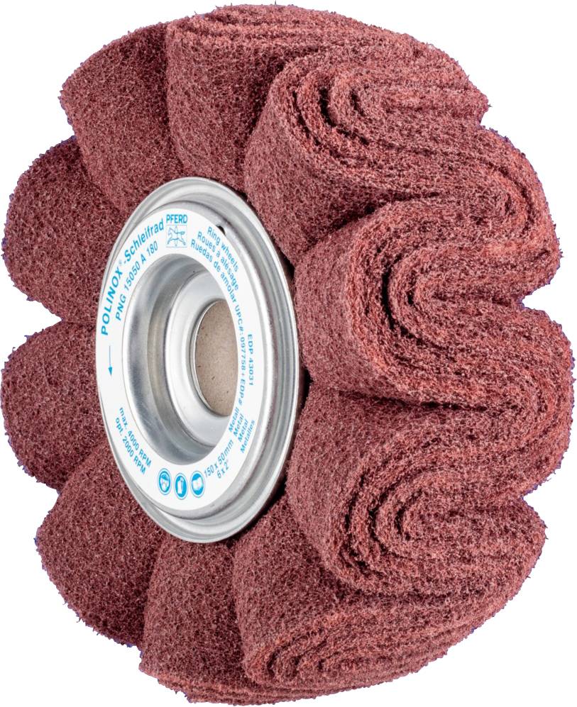 Disque abrasif de couleur brun-rouge en forme d'éventail avec noyau métallique, utilisé pour les travaux de polissage. Texture rainurée pour un ponçage uniforme.