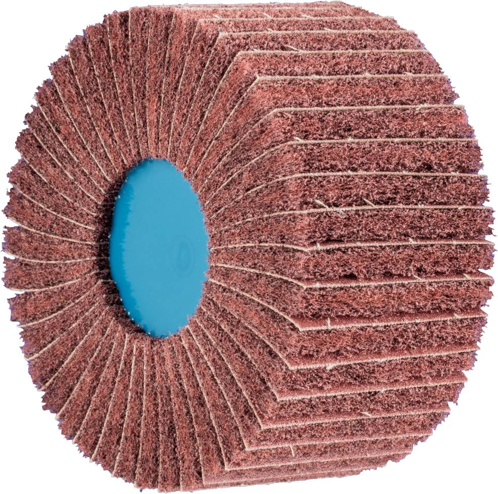 Rouleau de ponçage avec du papier abrasif robuste, radial, monté sur une base de moyeu bleue, destiné au polissage et au lissage de surfaces.