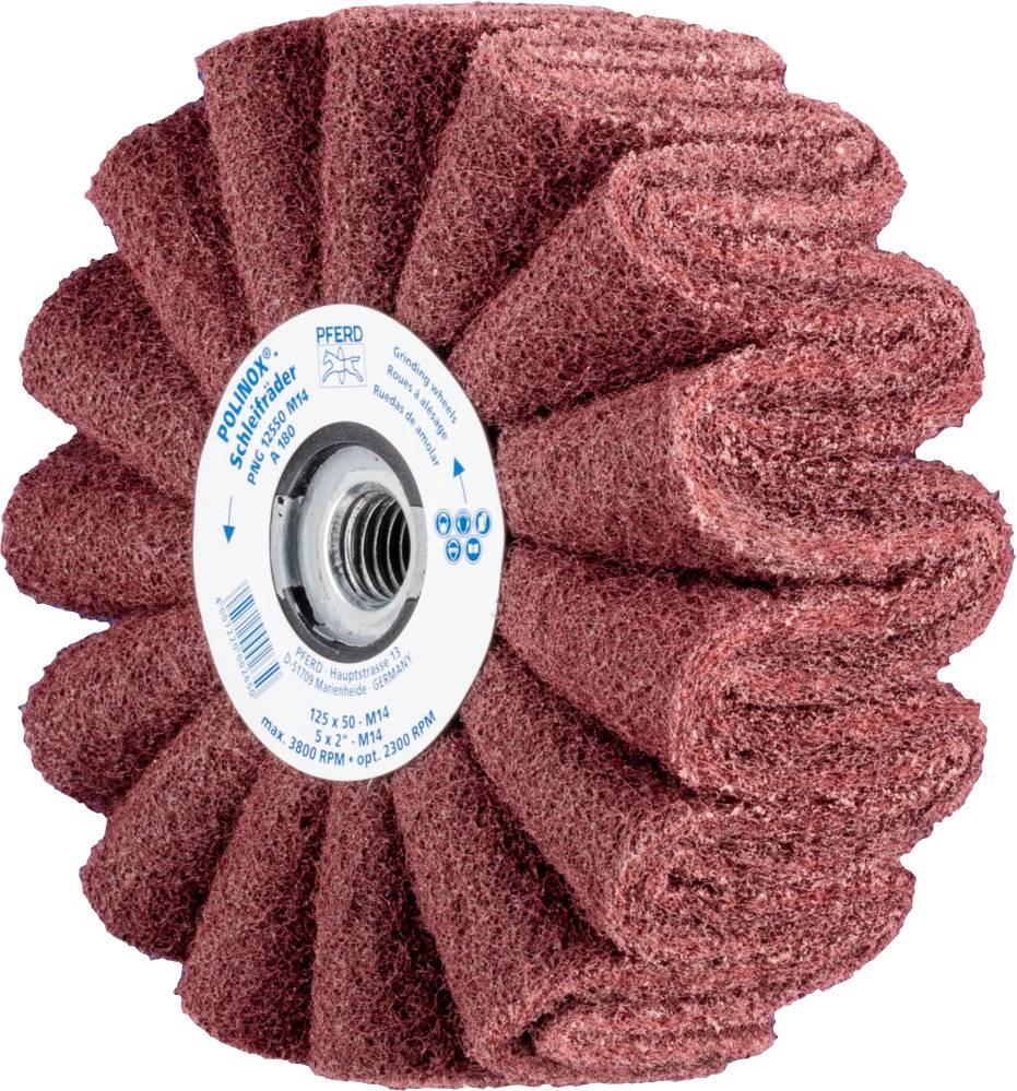'POLINOX Outil de ponçage', un disque abrasif non-tissé brun-rouge, développé pour le traitement de surface et le polissage, avec indications de vitesse de rotation.