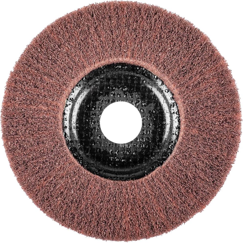 Brosse abrasive avec une couronne de poils dense et rouge. Noyau métallique rond au centre, principalement adaptée aux travaux de polissage et de meulage.