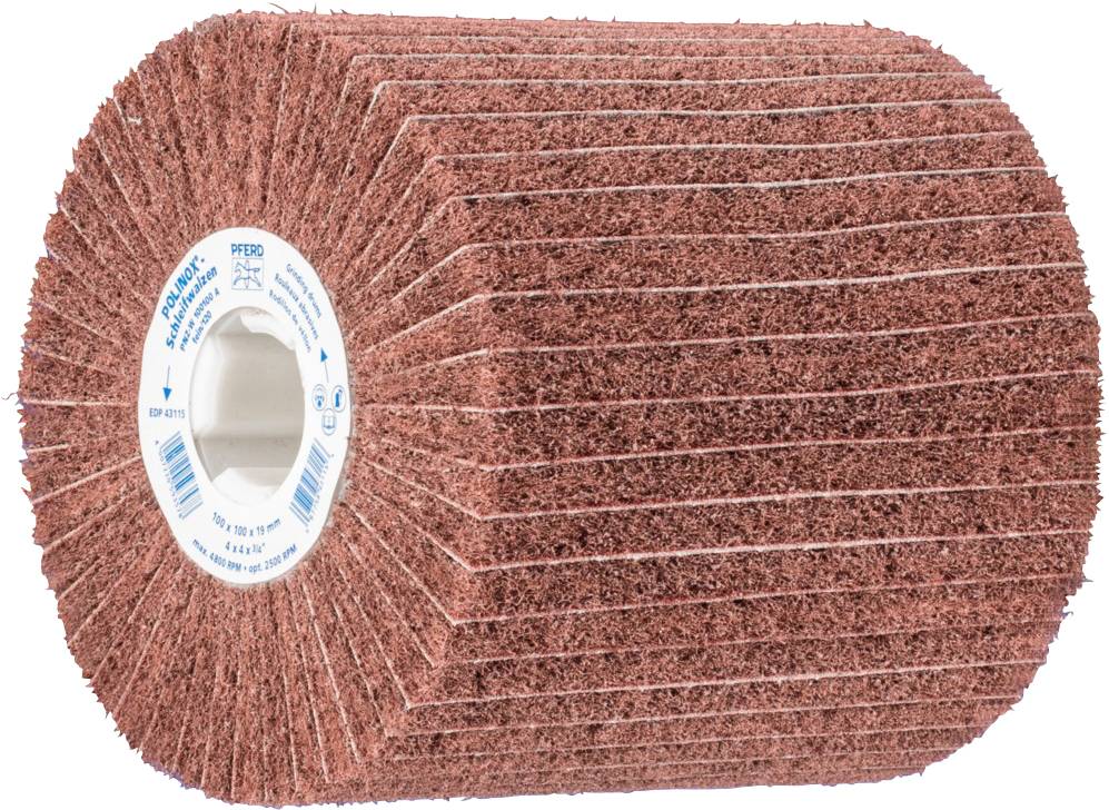 Grande roue d'abrasion rouge-brun avec des feuilles abrasives empilées, disposées autour d'un noyau central en plastique.