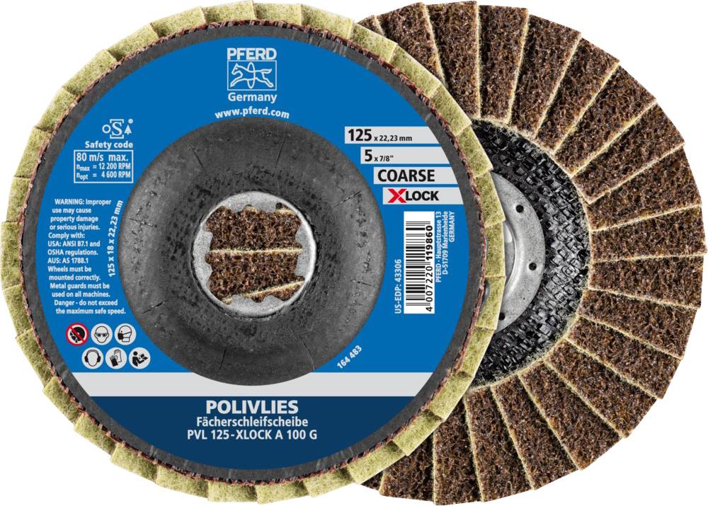 'PFERD Polivlies Fächerschleifscheibe PVL 125'. Grain grossier, adapté pour X-Lock. Consignes de sécurité et d'utilisation disponibles.