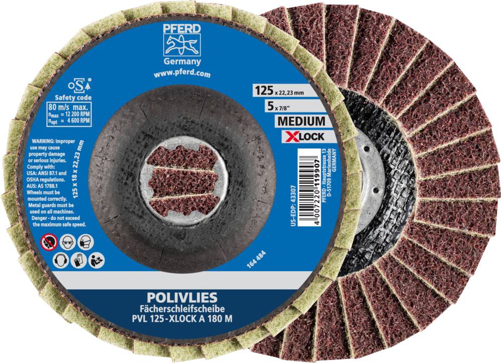 Disque à lamelles avec système X-LOCK de PFERD, adapté pour meuleuse d'angle. Grain mi-grossier, diamètre de 125 mm.