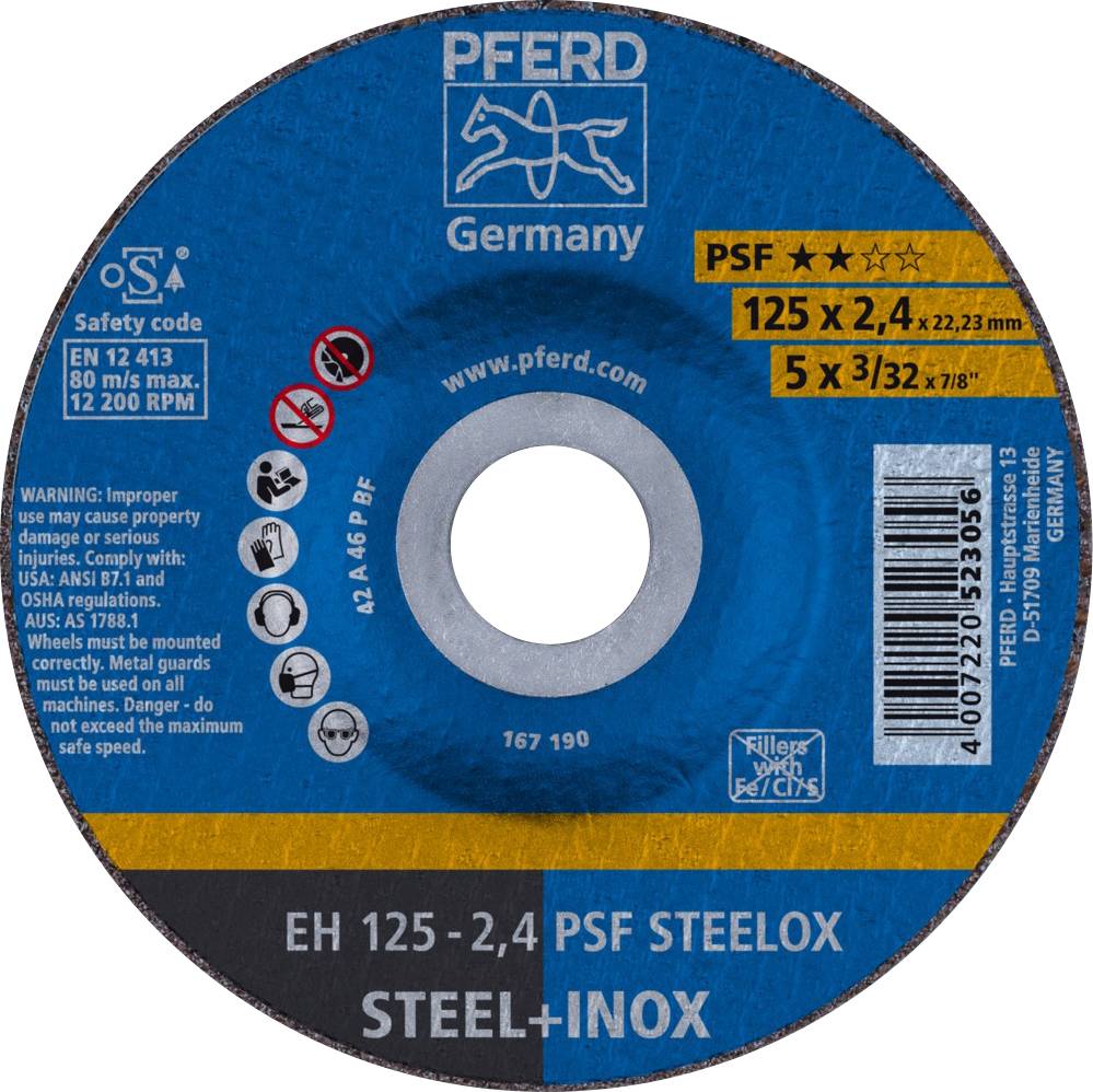 Disque à tronçonner 'PFERD Germany', dimensions 125x2,4 mm, pour acier et inox, vitesse max. 12 200 tr/min. Contient des informations de sécurité et des instructions d'utilisation.