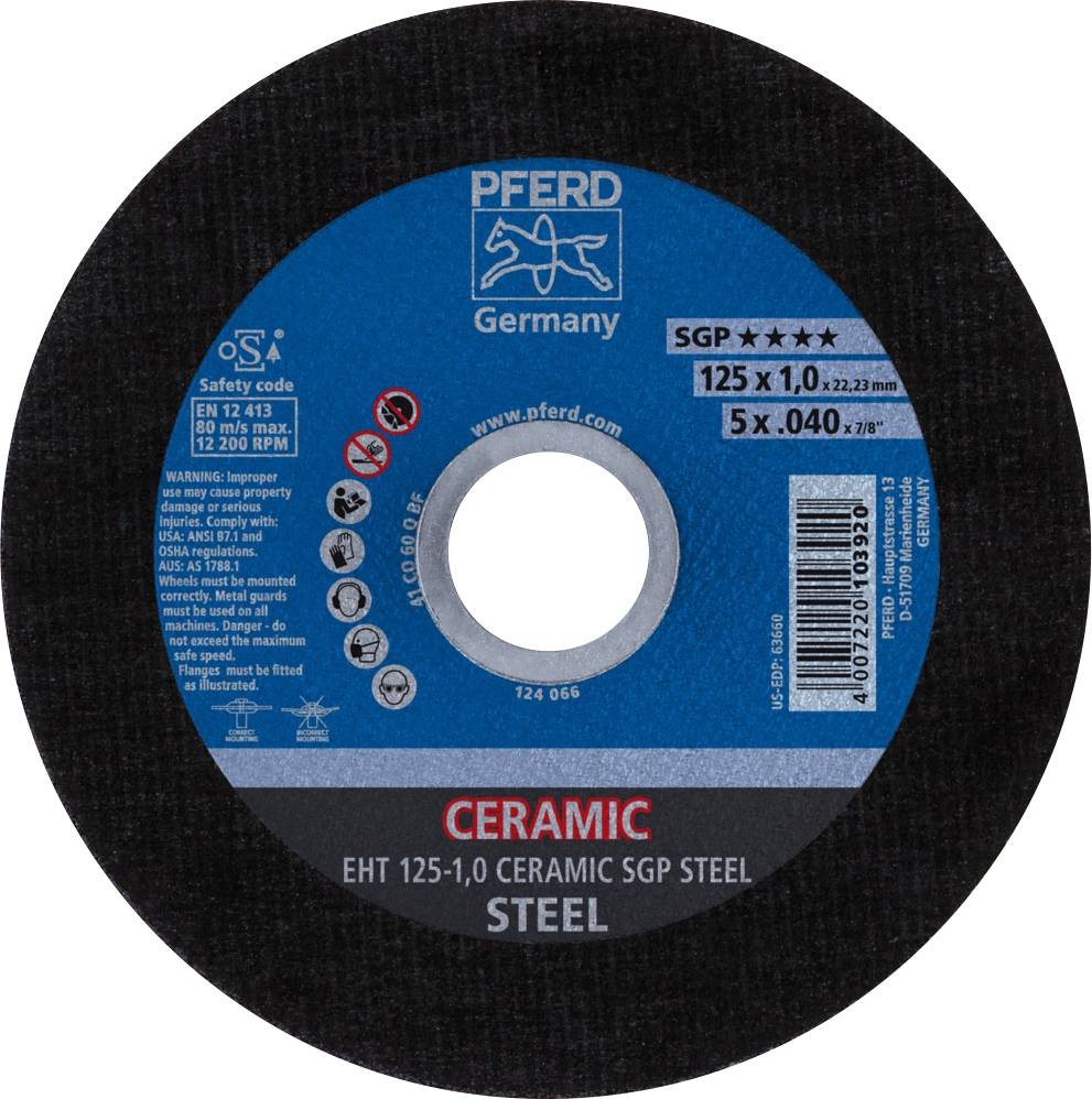 Disque à tronçonner 'PFERD Germany', céramique, pour acier. Diamètre 125 mm, épaisseur 1,0 mm. Symboles et codes de sécurité visibles.