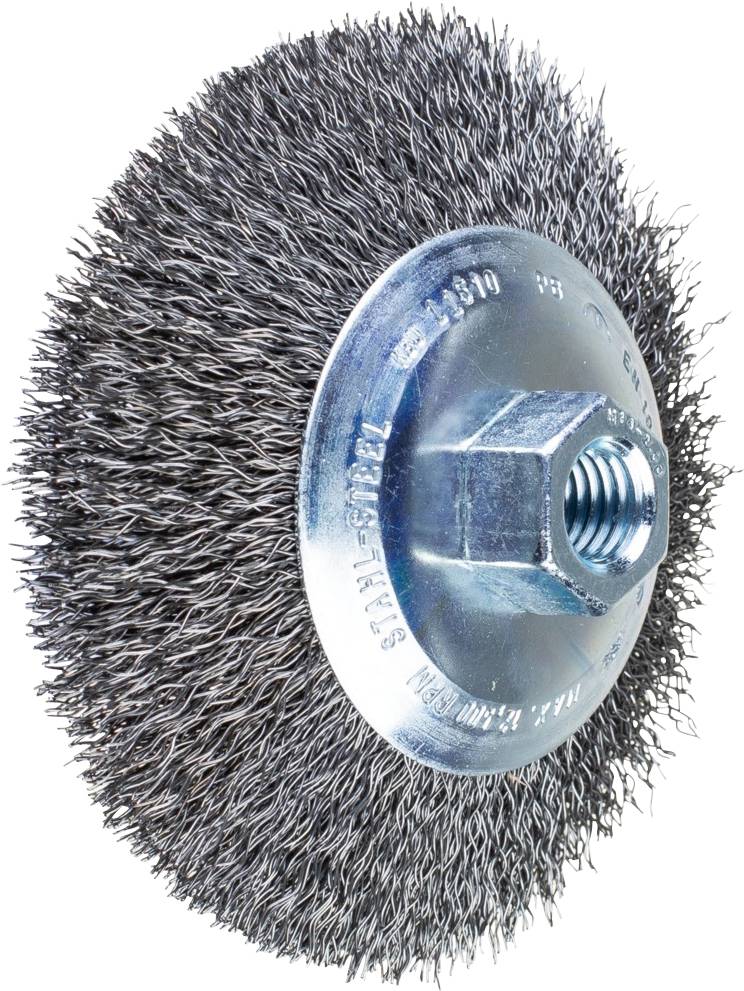 Brosse circulaire en acier avec poils métalliques et verrouillage hexagonal, utilisée pour le nettoyage et le décapage des surfaces métalliques.