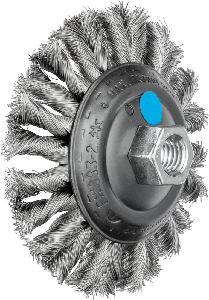 Brosse métallique avec poils en métal et un raccordement central à vis, adaptée pour l'ébavurage, le nettoyage ou le polissage de surfaces.