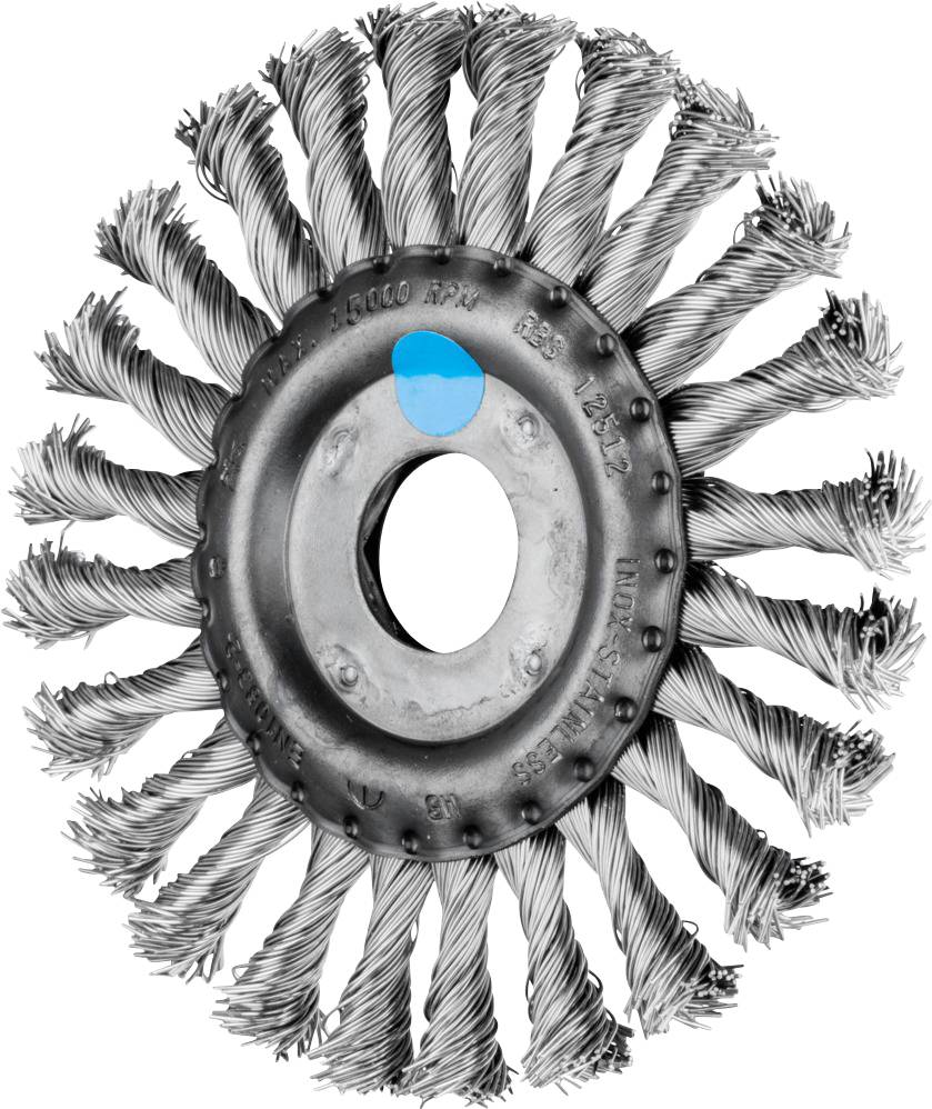 Brosse ronde en acier avec des poils métalliques et un point bleu sur l'anneau métallique central. Utilisée pour le nettoyage et le polissage des métaux.