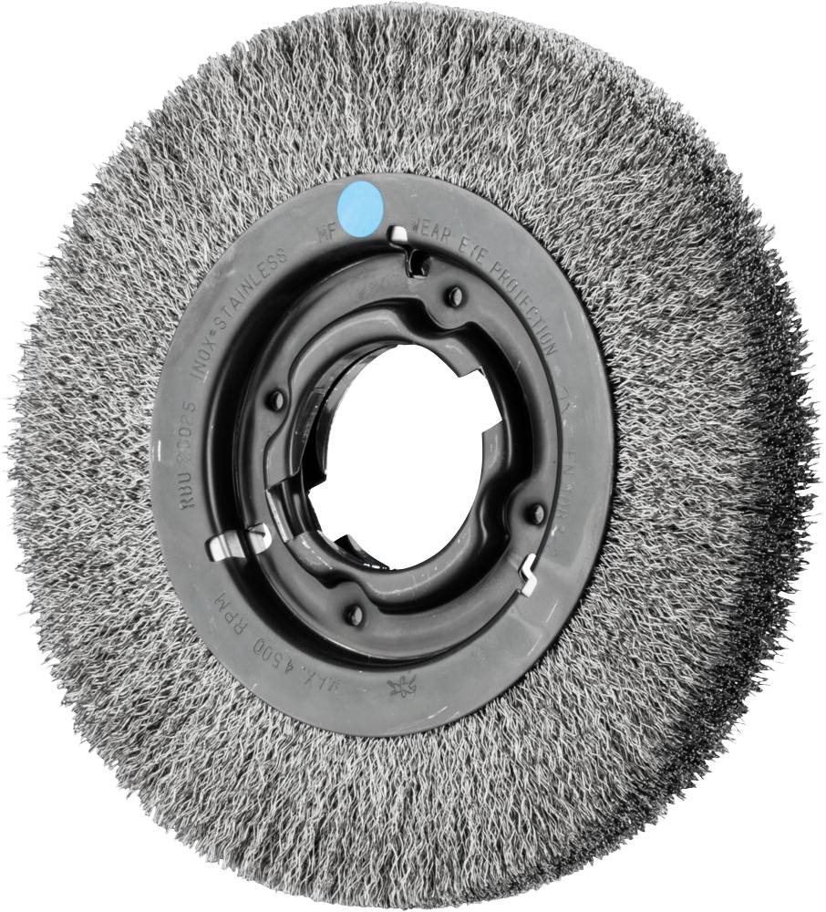 Brosse à récurer avec poils métalliques, partie centrale en plastique, convenant pour le nettoyage ou les travaux de ponçage.