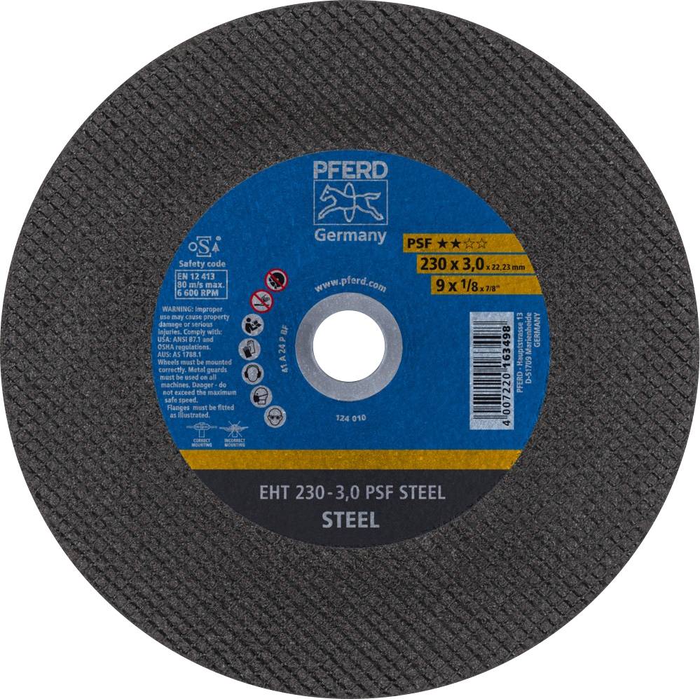 Disque à meuler portant l'inscription 'EHT 230-3,0 PSF STEEL'. Étiquette bleue au centre, avec le nom de marque 'PFERD' et les codes de sécurité visibles.
