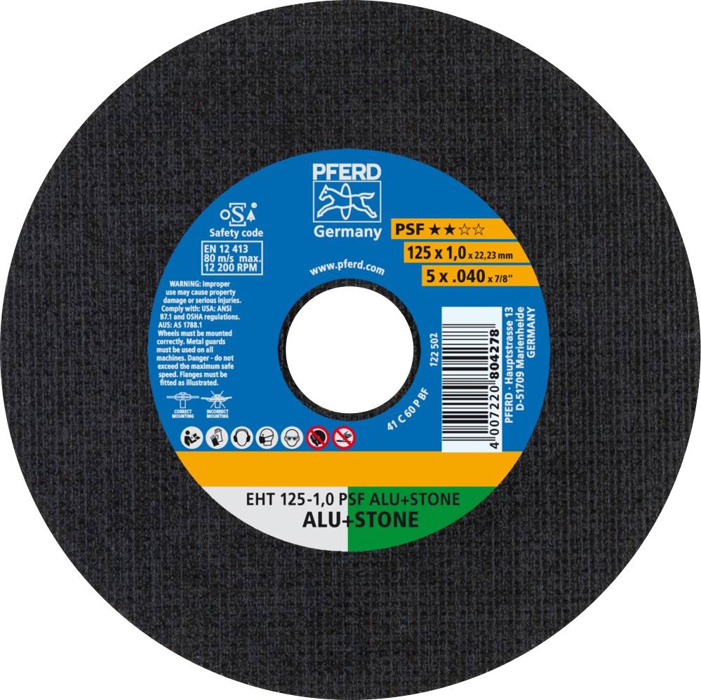 Disque à tronçonner 'PFERD' avec centre bleu, adapté pour l'aluminium et la pierre. Dimensions : 125 x 1,0 x 22,23 mm.