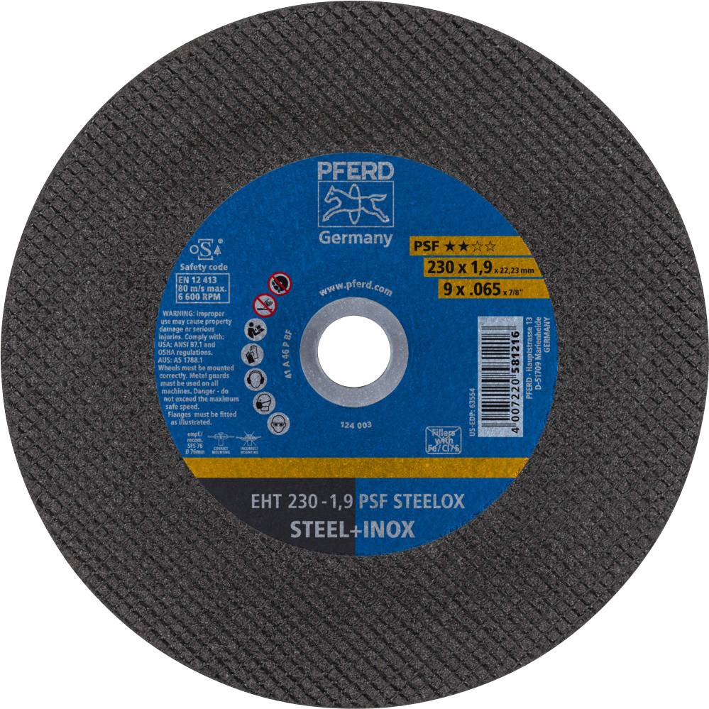«Disque à meuler avec étiquette bleue, marque PFERD, modèle PSF Steelox, diamètre 230 x 1,9 mm, adapté pour l'acier et l'inox.»