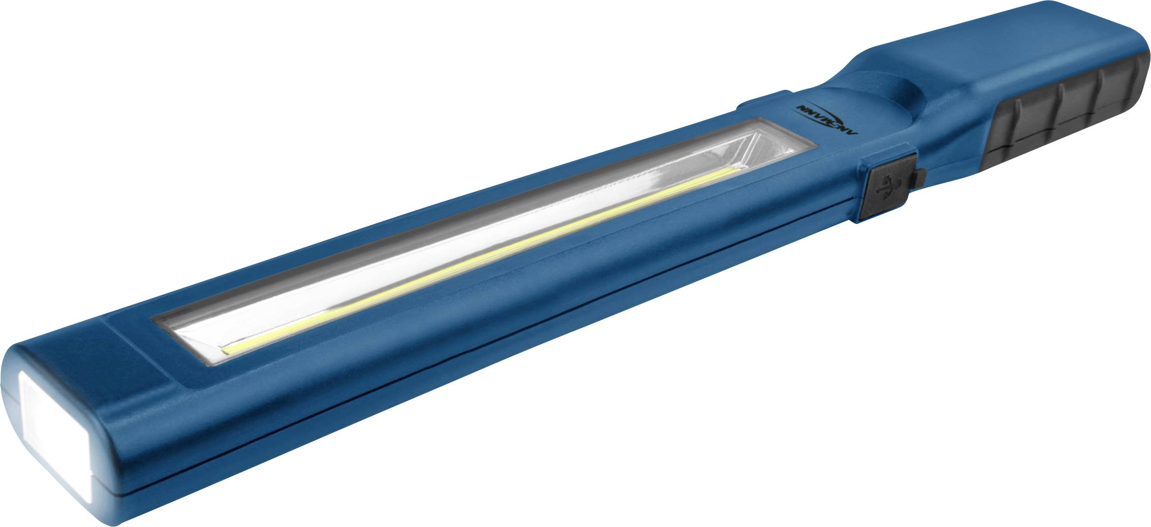 Une lampe de travail LED fine, bleue, avec une tête rectangulaire, adaptée aux travaux artisanaux et à l'éclairage précis.