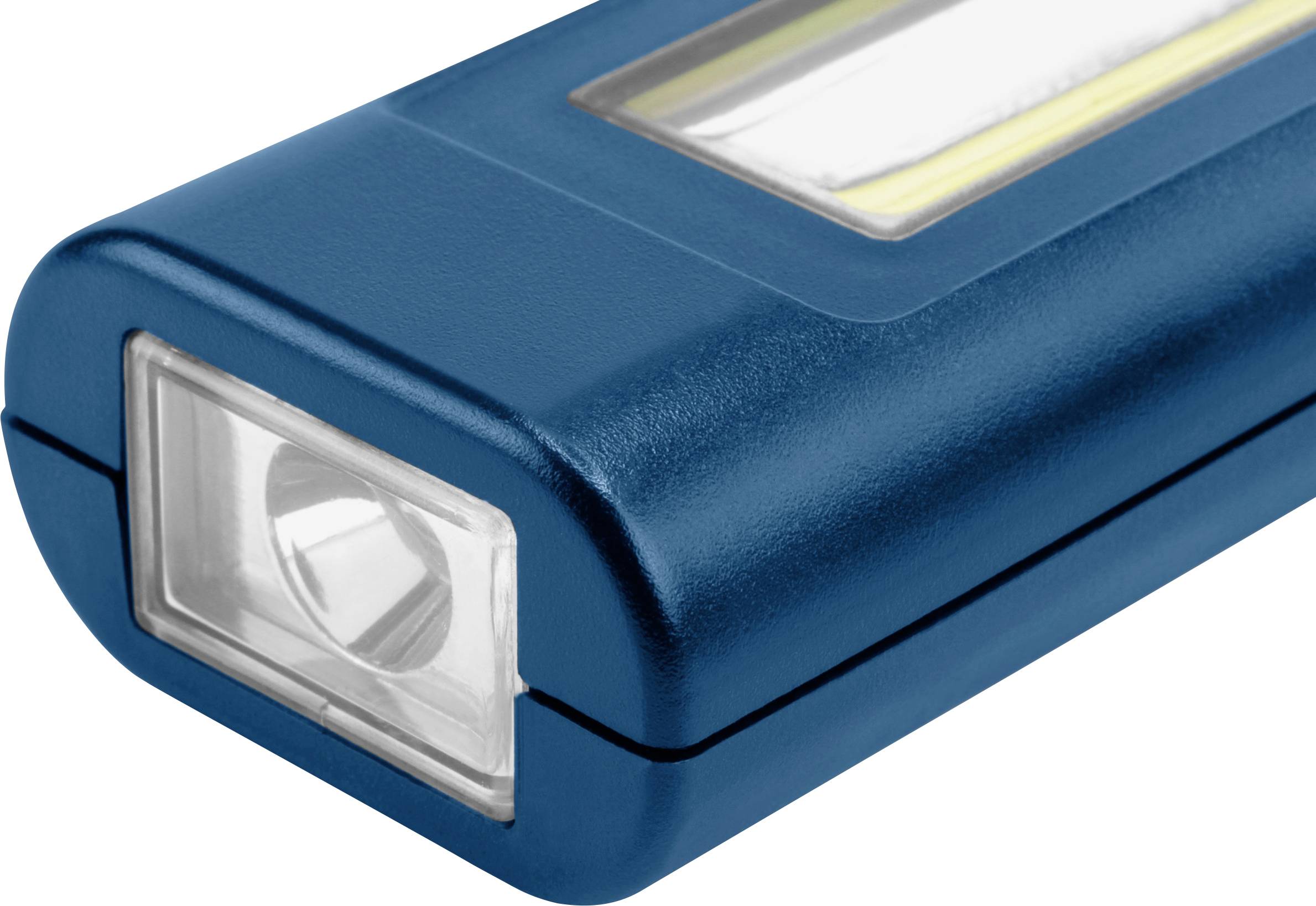 Une lampe de poche bleue au design rectangulaire avec un voyant LED visible à l'avant.
