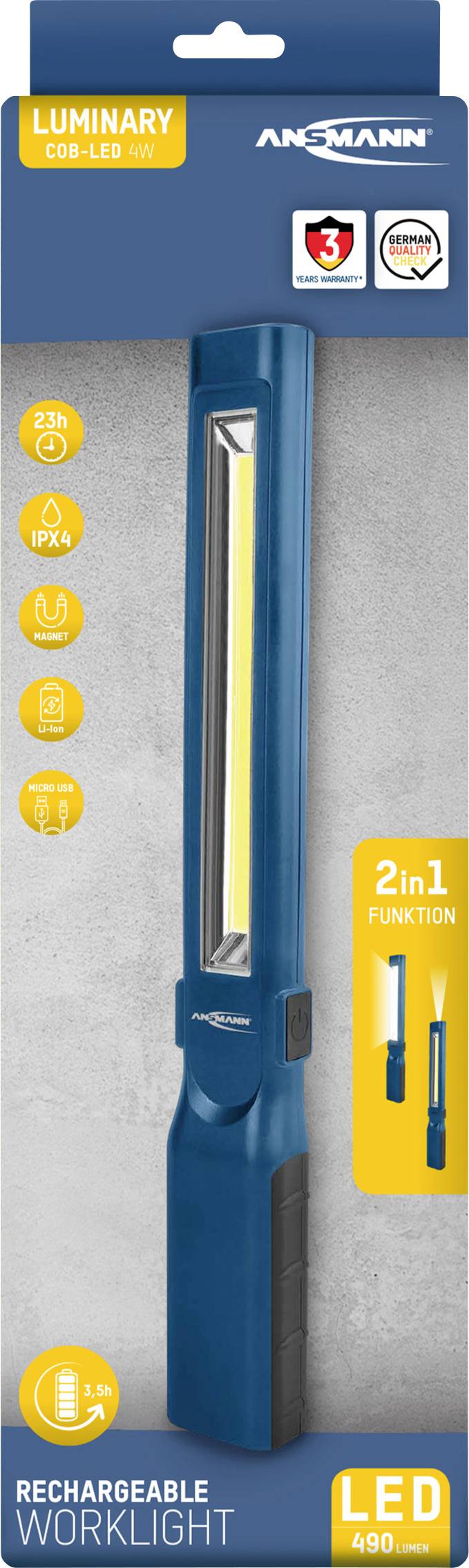 Emballage pour lampe de travail LED rechargeable de 600 lumens, fonction 2-en-1, autonomie de 25 heures, utilisable verticalement et horizontalement.