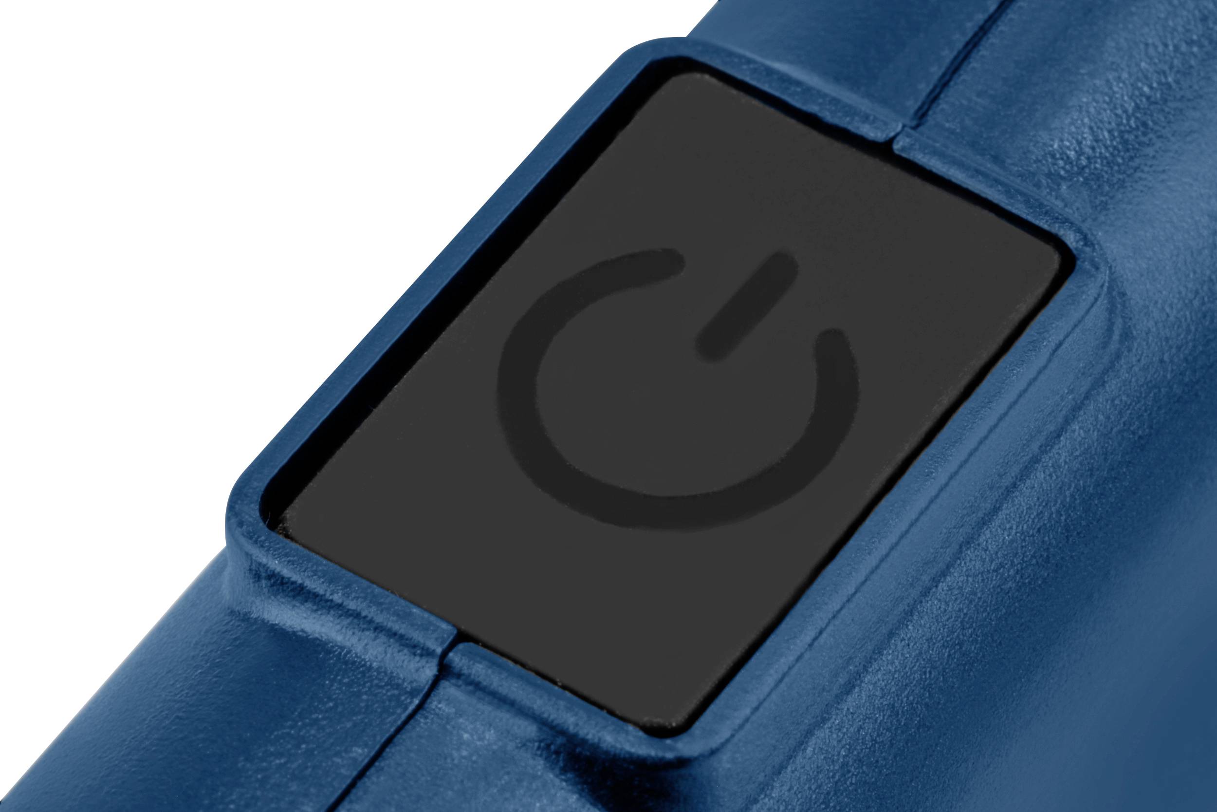 Une gros plan d'un interrupteur d'appareil bleu avec un rectangle noir et un symbole gris de marche/arrêt dessus.