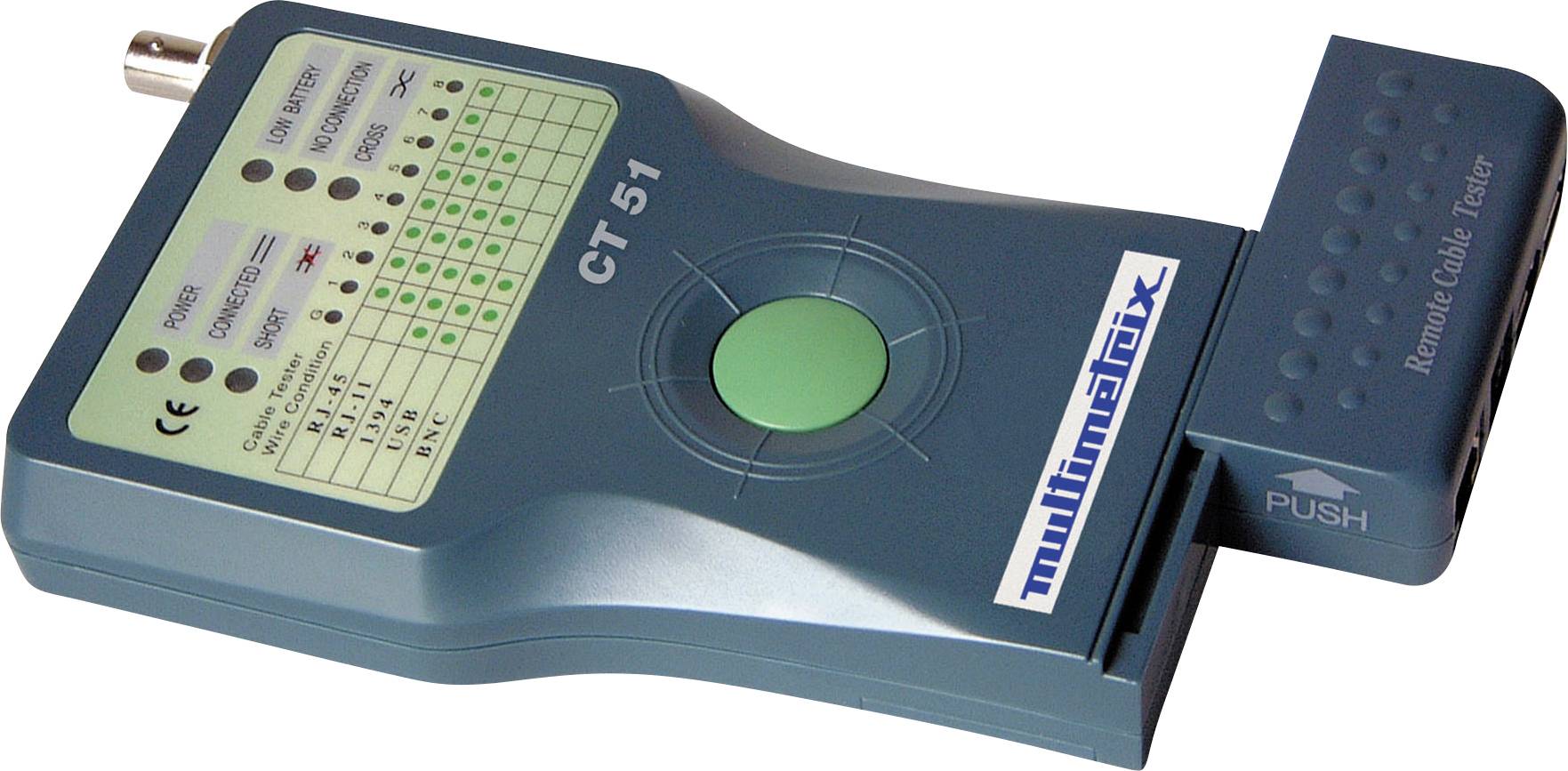 Un testeur de câbles vert portant l'étiquette 'CT 51' de Multimatrix, affiche différentes LED et connexions de test pour le diagnostic de câbles.