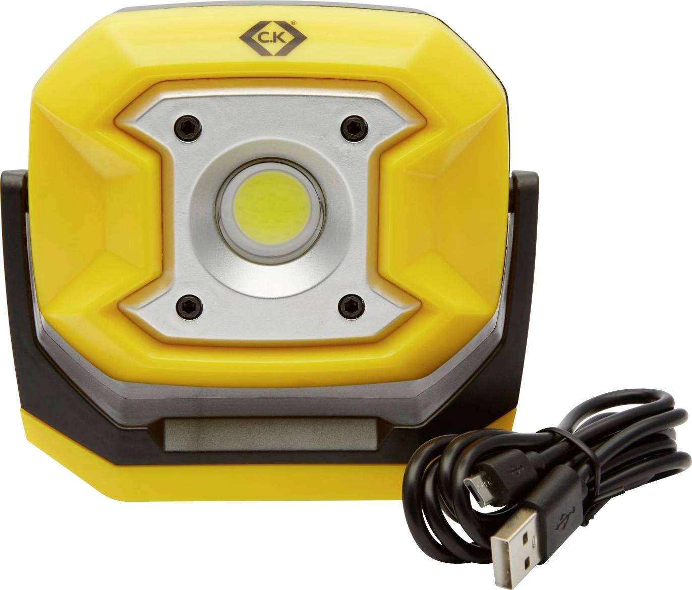 Une lampe LED jaune portable avec un élément lumineux central et la marque 'C.K'. À côté se trouve un câble de chargement USB.