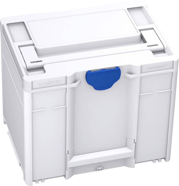 Un récipient en plastique blanc avec une poignée bleue, adapté au stockage sécurisé et au transport d'outils ou de matériaux.